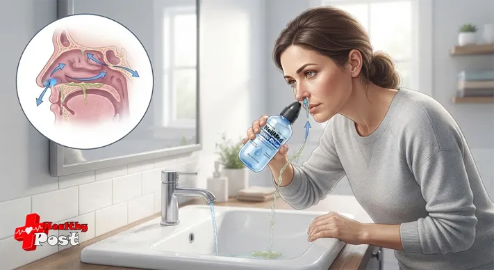 how to get rid of post nasal drip fast,Person using a saline nasal rinse to clear mucus from the nasal passages