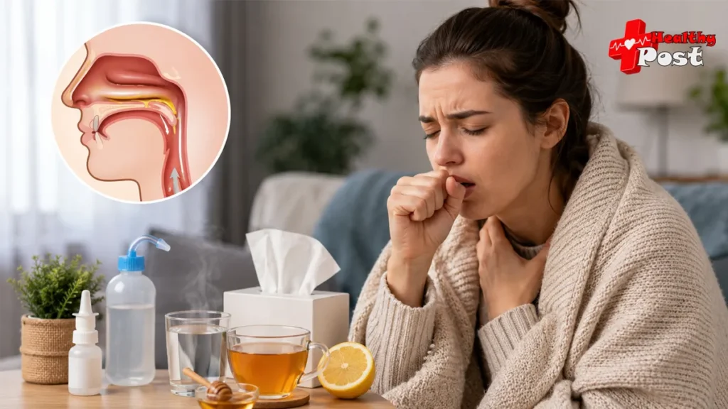 Woman experiencing postnasal drip and throat irritation with saline spray and warm fluids nearby