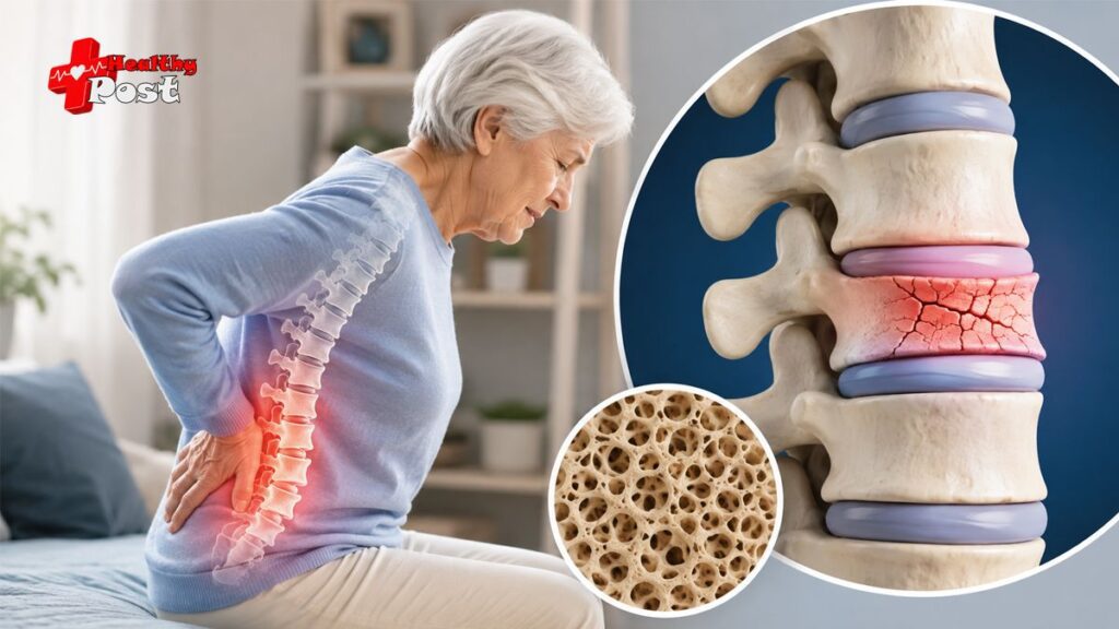 Life Expectancy After Compression Fracture: What Patients & Caregivers Need to Know Older woman with back pain alongside a medical illustration of a vertebral compression fracture