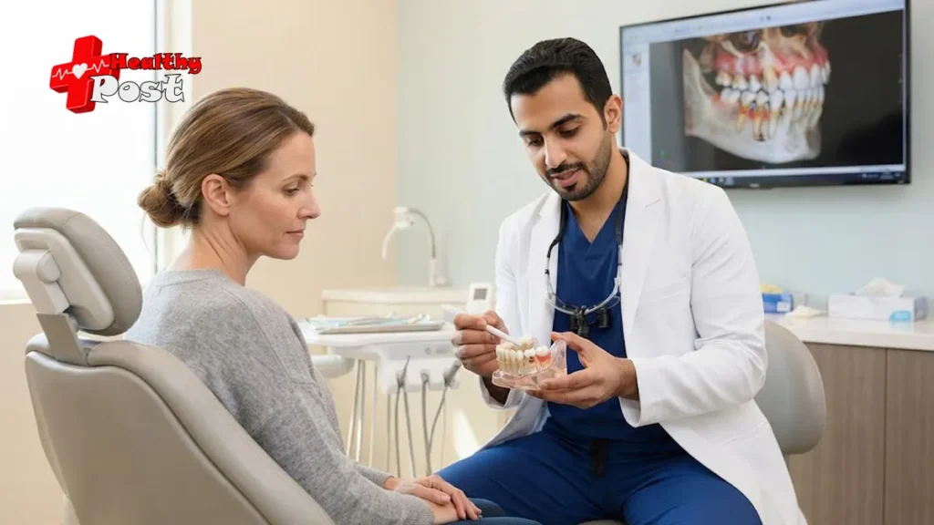 Periodontist explaining osseous surgery to a patient using a dental model and scan showing gum pockets and jawbone support
