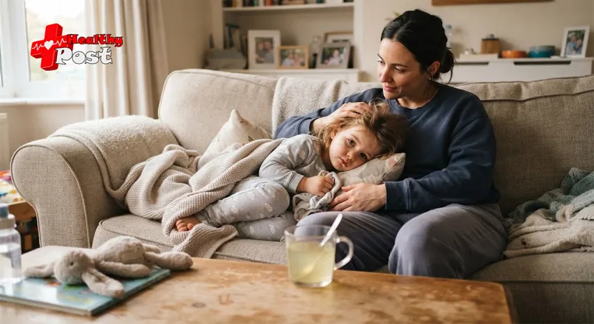 Parent caring for a tired toddler with a stomach illness while offering fluids