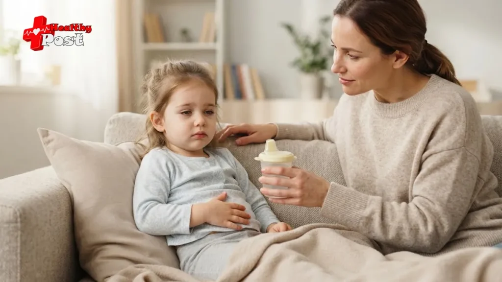 Toddler with stomach bug symptoms resting while a parent offers fluids