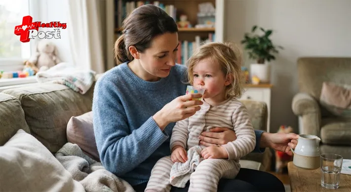 Parent giving oral rehydration solution to a toddler with gastroenteritis