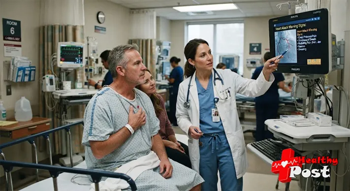 Emergency room patient with possible widowmaker heart attack symptoms and clinician reviewing coronary artery diagram