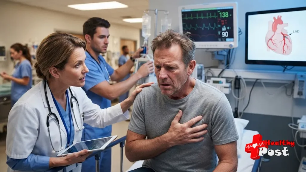 Emergency hospital scene showing a patient with chest pain and a medical illustration of LAD artery blockage during a widowmaker heart attack