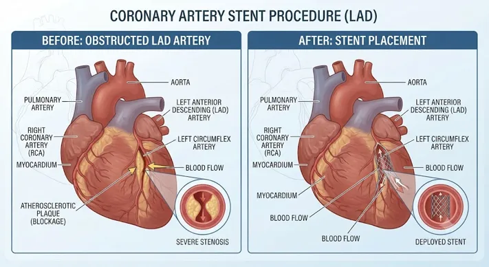 Medical illustration of LAD artery blockage and coronary stent placement after widowmaker heart attack