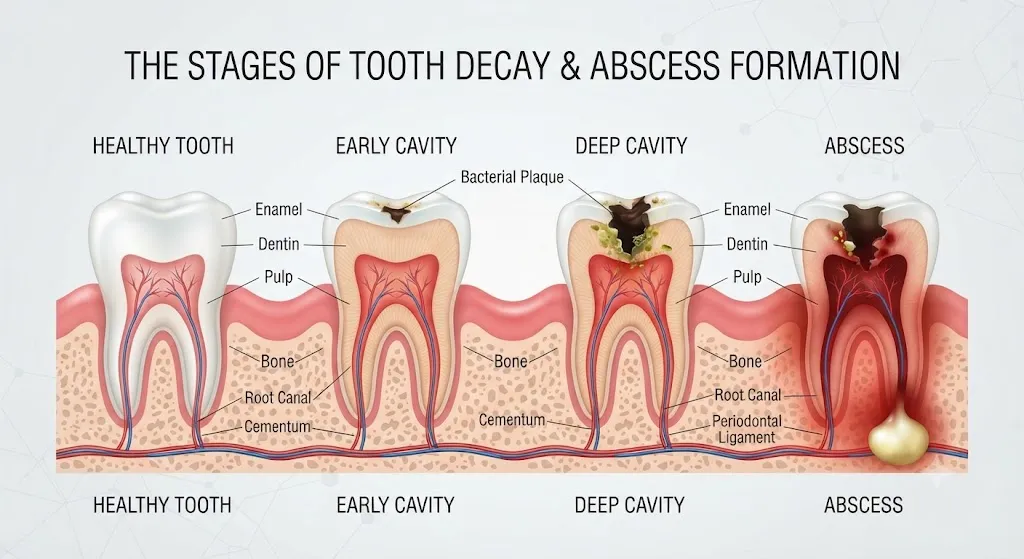 Cross-section of tooth decay stages showing how deep cavities can contribute to bad