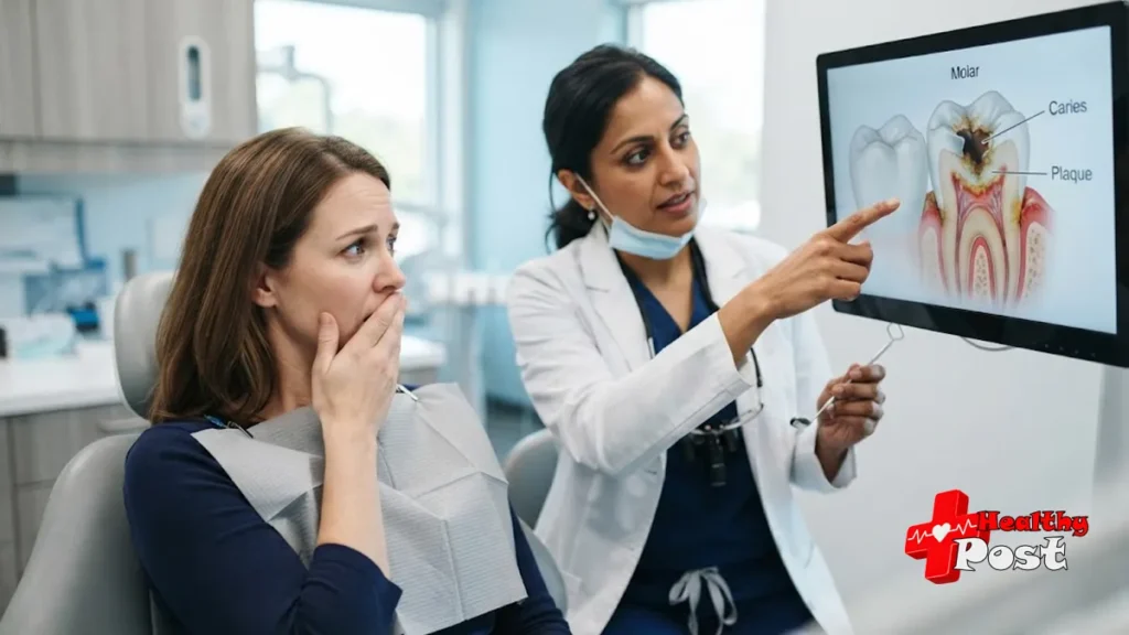 Can Cavities Cause Bad Breath? Dr. Mohanned Alghamdi Explained Dentist explaining how a cavity can cause bad breath to a concerned patient in a dental clinic
