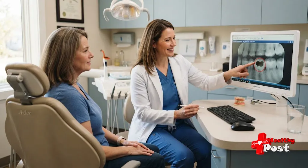 Dentist explaining deep cavity on dental X-ray to patient in clinic