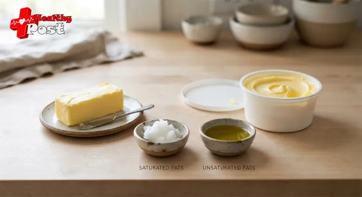 Butter and soft plant-based margarine compared side by side on a kitchen counter