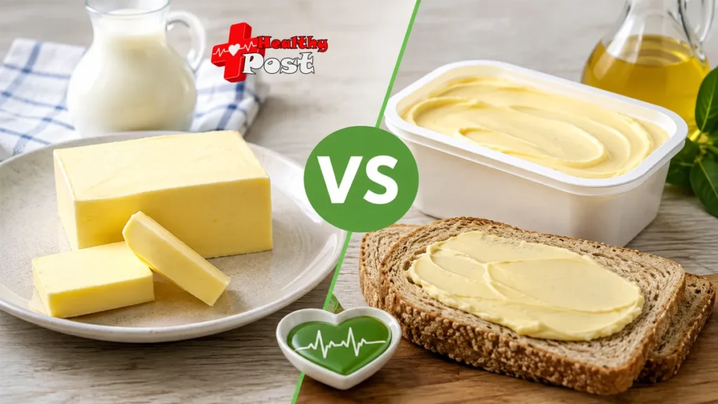 Butter and plant-based margarine spread compared side by side on a table, highlighting choices for heart health and cholesterol.