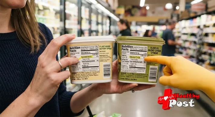 Butter and soft plant-based margarine compared side by side on a kitchen counter (Butter vs. Margarine)