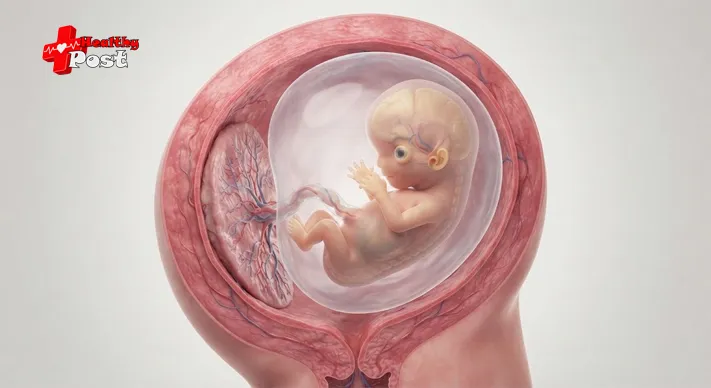 Medical illustration showing an 8-week embryo developing inside the uterus