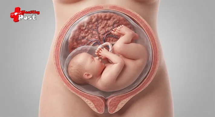 Medical illustration of a 36-week fetus in a head-down position inside the uterus