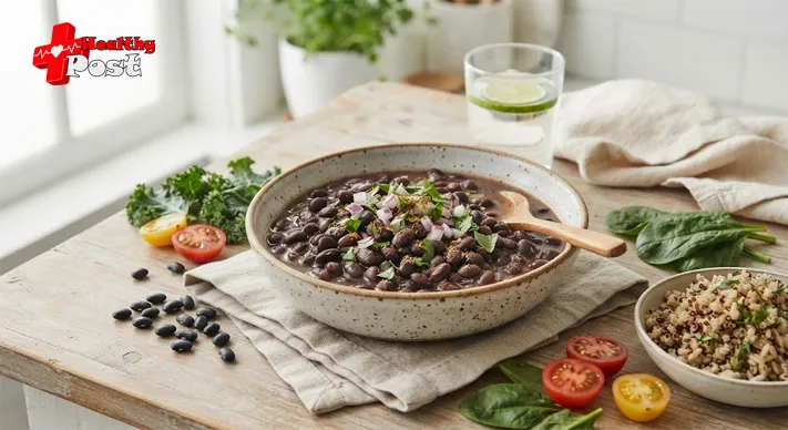 Black Beans vs. Pinto Beans Nutrition: Which Is Healthier for You? 2 Cooked black beans served in a bowl with vegetables and whole grains