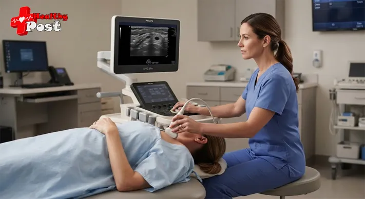 Radiologist reviewing a breast ultrasound showing a small breast nodule