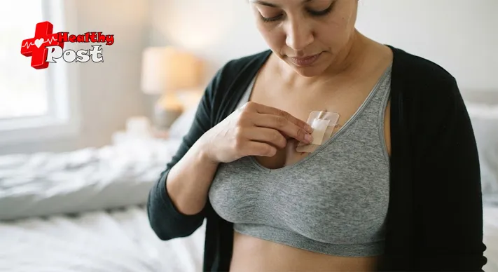 Breast Vacuum-Assisted Surgery Aftercare: Essential Recovery Tips and Warning Signs 3 Patient checking a breast procedure dressing without touching the healing wound ( Breast Vacuum-Assisted Surgery Aftercare)