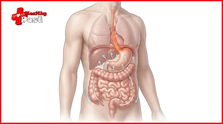 Medical illustration showing how constipation-related abdominal bloating and pressure may coincide with acid reflux and chest burning (Can Constipation Cause Chest Burning)