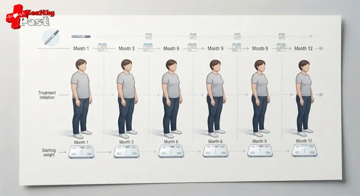 Illustration showing gradual body changes during a 12-month GLP-1 weight-loss treatment timeline
