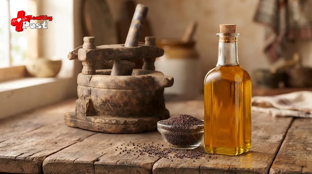 Kachi Ghani Oil: Benefits, Uses, Nutrition & What to Know Bottle of Kachi Ghani mustard oil with mustard seeds and Kachi Ghani on a wooden kitchen surface
