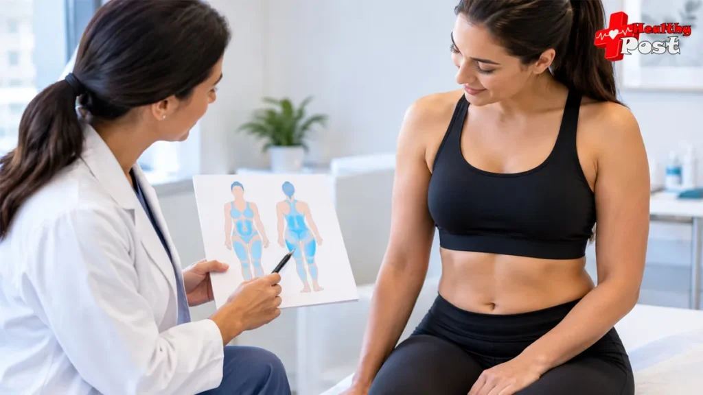 Lipo 360: Procedure, Cost, Recovery & Before-and-After Results Woman discussing Lipo 360 body contouring areas with a medical clinician