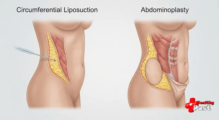 Lipo 360: Procedure, Cost, Recovery & Before-and-After Results 3 Medical illustration comparing fat removal with liposuction and excess skin removal during a tummy tuck