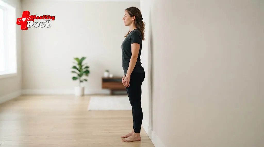 Adult performing a natural standing posture check against a wall