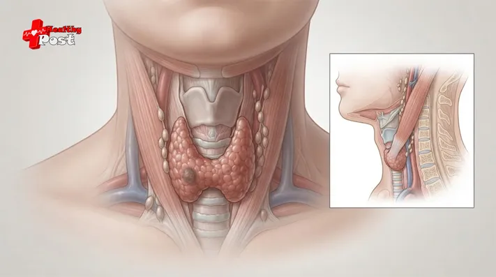 Medical illustration showing the thyroid gland, thyroid nodule, and nearby neck lymph nodes