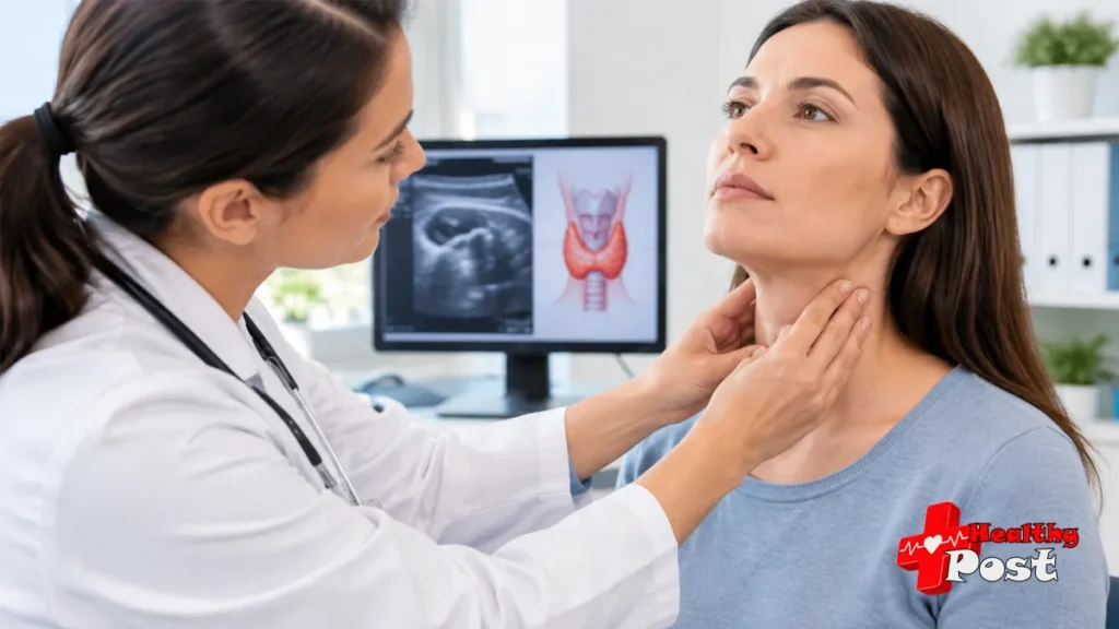 A doctor examining a patient’s neck and thyroid area during a medical consultation