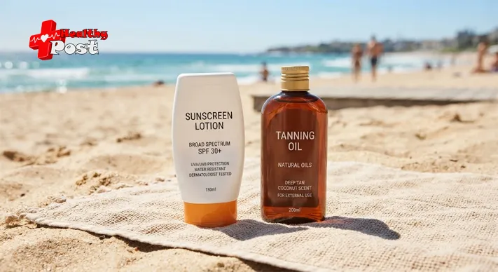 What Does Tanning Oil Do? How It Works, Benefits & Sun Safety 3 Sunscreen and tanning oil shown together for comparison of sun protection