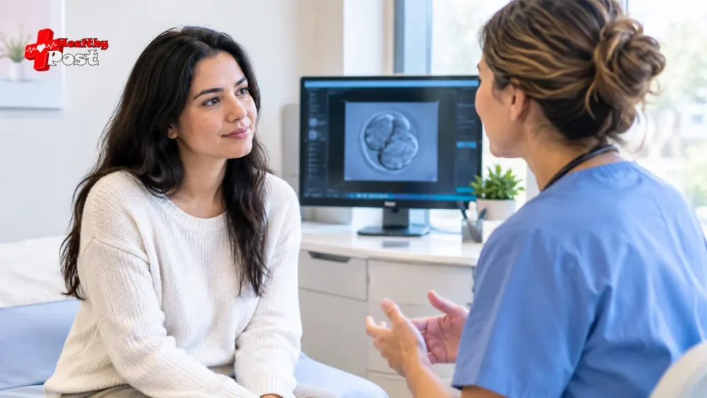 What Is a Frozen Embryo Transfer (FET)? Process, Preparation & Risks Woman discussing frozen embryo transfer with a fertility specialist in a clinic