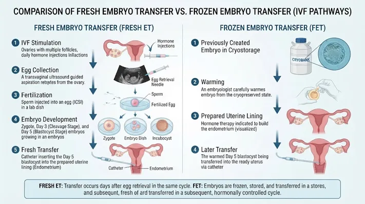 What Is a Frozen Embryo Transfer (FET)? Process, Preparation & Risks 3 Medical comparison of fresh embryo transfer and frozen embryo transfer pathways