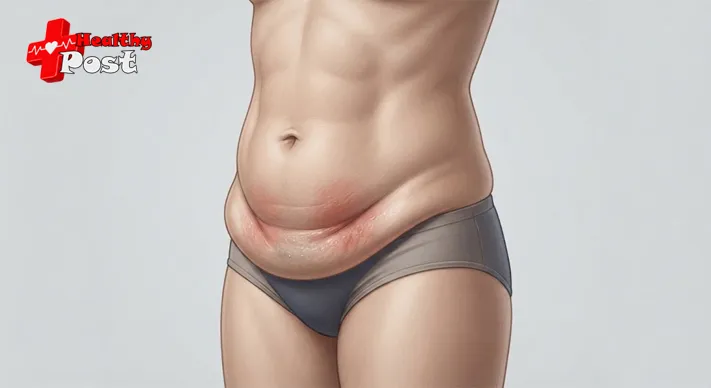 Medical illustration showing skin friction and moisture beneath an abdominal fold (What Is an Apron Belly)