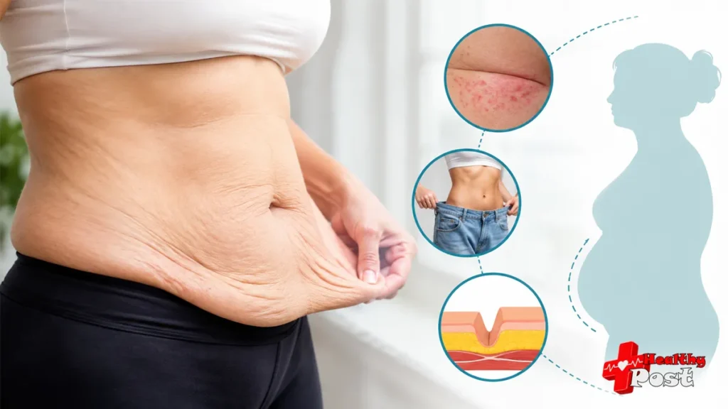 What Is an Apron Belly? Causes, Risks, and Treatment Options Illustration showing loose lower abdominal skin and fat associated with an apron belly, including skin-fold irritation and weight loss changes.