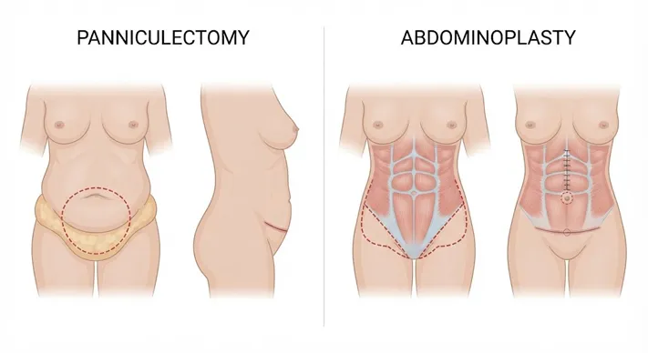 Medical illustration comparing panniculectomy with abdominoplasty for excess abdominal tissue