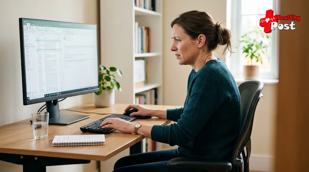 Why Are My Shoulders Always Shrugged? 7 Causes and Ways to Relax Them Adult sitting at a desk with elevated shoulders and neck tension