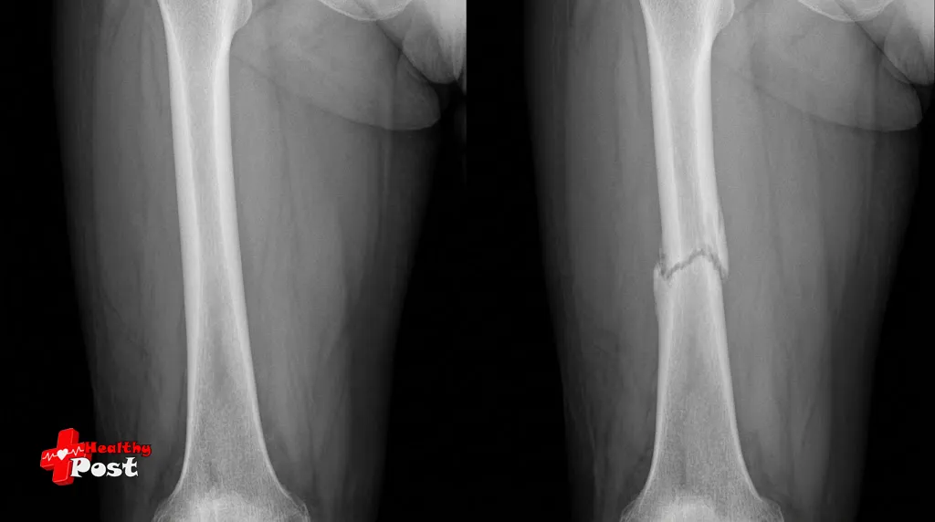 How to Identify a Bone Fracture on an X-Ray: 4 Key Clues Comparison of a normal bone X-ray and a fractured bone showing a visible fracture line and cortical disruption.