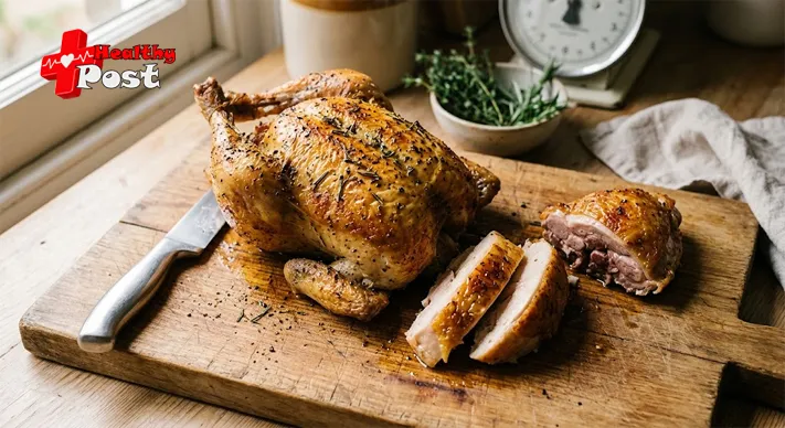 Carved rotisserie chicken on a wooden board showing sliced white breast meat and a darker thigh with golden skin.
