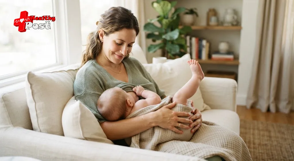 7 Strange Things Babies Do While Breastfeeding — What They Mean 2 A parent nursing a four-month-old baby whose foot is lifted mid-kick while the baby feeds calmly