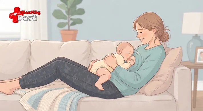 7 Strange Things Babies Do While Breastfeeding — What They Mean 3 Illustration of a parent leaning back on a sofa with a baby lying chest to chest in a laid-back nursing position