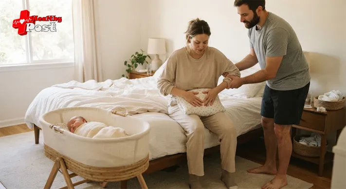 New mother holding a pillow against her abdomen while her partner helps her stand up from bed after a C-section, with a baby sleeping in a bassinet nearby