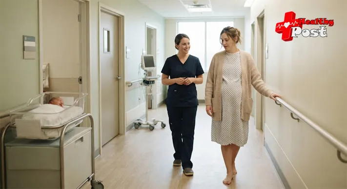 Postpartum mother walking slowly along a hospital corridor with a midwife following close behind to offer support
