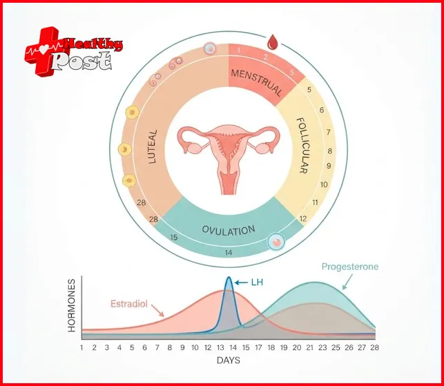 Circular diagram of the four menstrual cycle phases with hormone curves showing estradiol rising before ovulation, an LH spike at mid-cycle and progesterone peaking in the luteal phase