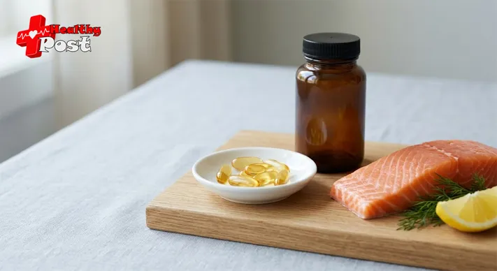 Golden fish oil softgel capsules in a white dish next to a plain supplement bottle and a raw salmon fillet on a wooden board