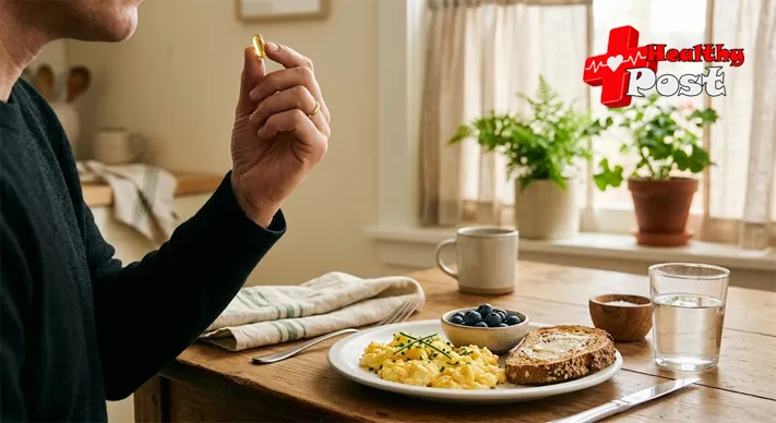 Person about to take a fish oil capsule at a breakfast table with eggs, toast and a glass of water