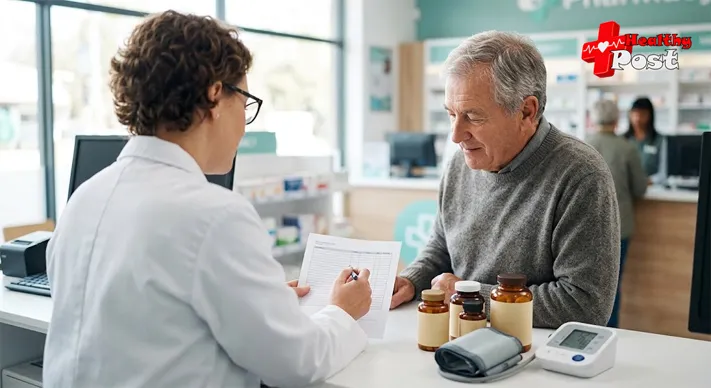Pharmacist and customer reviewing a printed medication and supplement list at a pharmacy counter