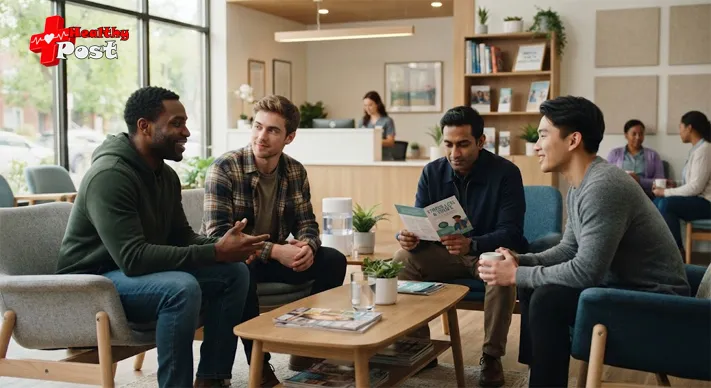 A diverse group of men having a conversation in a sexual health clinic waiting room