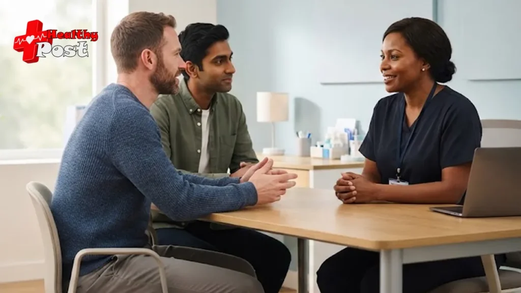 Gay and bisexual men discussing STI testing and prevention with a healthcare professional.