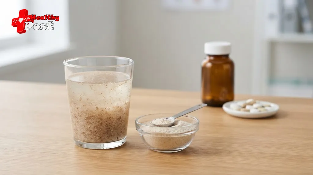 How to take psyllium husk safely: dose, timing and who should check first Psyllium husk mixed with water beside a measured serving and medicines