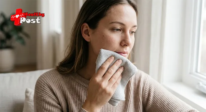 Woman holding a cloth-wrapped cold pack lightly against her lips to ease swelling after lip filler